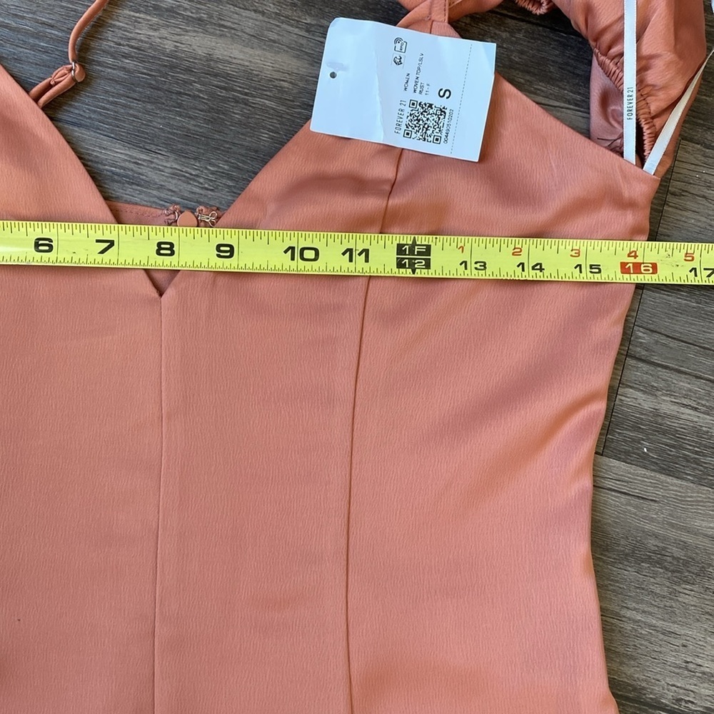 NWT Forever 21 Satin Corset Top Rust Orange Off Shoulder Long Puff Sleeve Size S - Picture 5 of 6